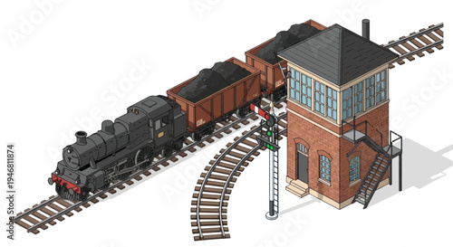 Vintage steam train and signal box on railway tracks.