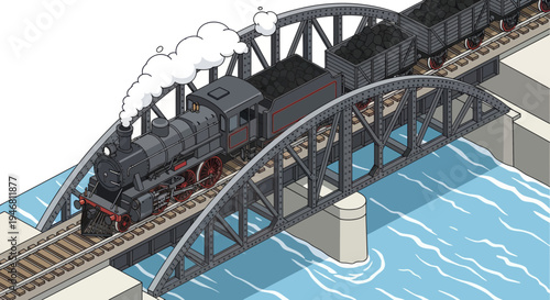 Vintage Steam Train Crossing a Metal Bridge Over Water.