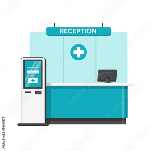 Modern Medical Reception Area Depicted With Automated Kiosk And Informative Reception Desk