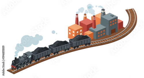 Vintage steam train delivering coal to industrial factories.