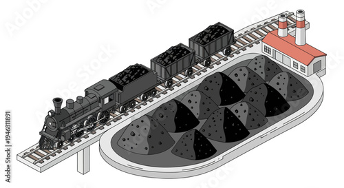 Vintage steam train delivering coal to industrial factory.