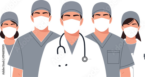 Medical team wearing protective masks and scrubs together