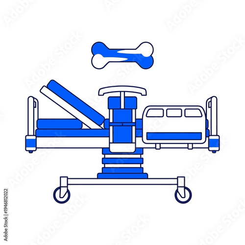 Modern Medical Illustration: Blue and White Surgical Bed with Bone Symbol Vector Design