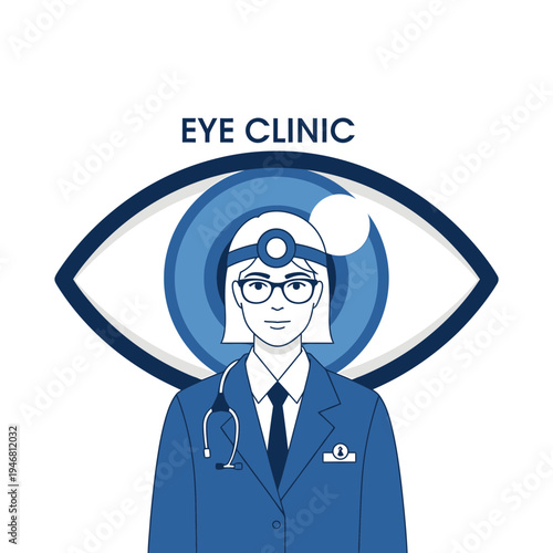 Modern Medical Illustration Depicting Ophthalmologist With Eye Clinic Logo and Visual Examination