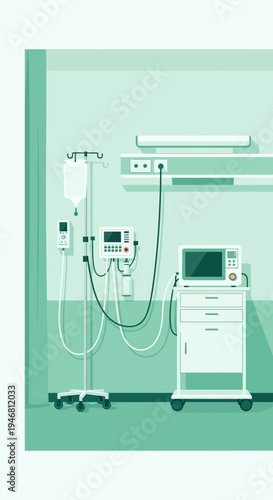 Modern Medical Illustration Depicting Hospital Equipment and Sterile Healthcare Environment