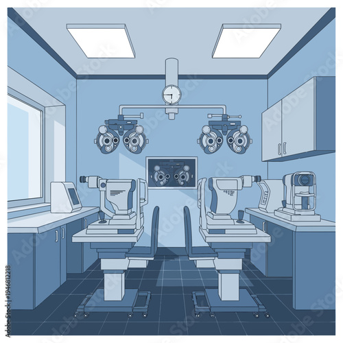 Modern Ophthalmic Clinic Interior Depiction: Innovative Eye Care Technology and Diagnostic Equipment