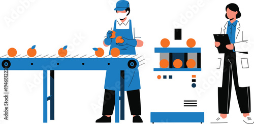 Workers checking fruit quality on food processing line