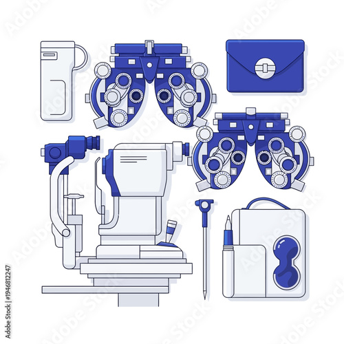 Modern Ophthalmic Equipment Arrangement: Eye Care and Vision Examination Tools Illustration