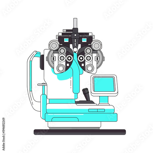 Modern Ophthalmic Equipment: Digital Eye Examination System in Teal and White Illustration