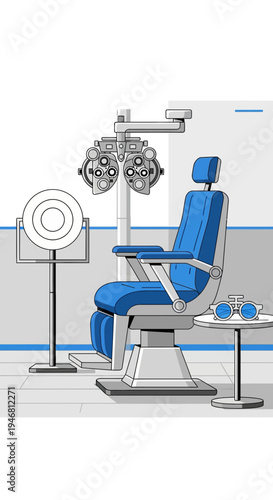Modern Optometry Clinic Illustration: Examination Chair, Eye Chart, and Precision Instruments
