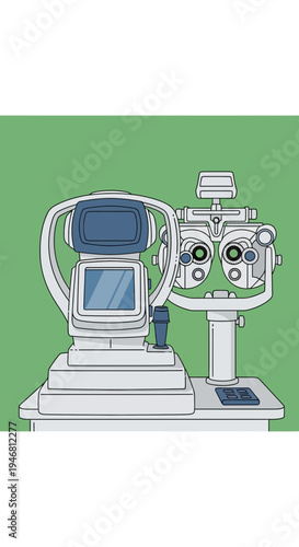 Modern Ophthalmic Equipment Illustration: Digital Eye Exam and Vision Testing Machine on Display