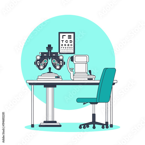 Modern Optometry Clinic Illustration: Eye Examination Room Equipment and Tools