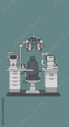 Modern Optometry Clinic Illustration Showcasing Eye Examination Equipment and Patient Chair