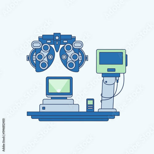 Modern Optometry Equipment Illustration: Visual Acuity Testing Devices in Blue Tones