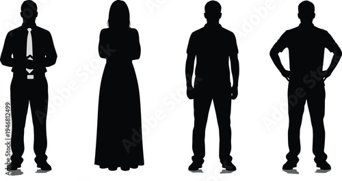 people silhouettes standing set including man in suit, woman in dress and casual male figures, human character collection vector illustration isolated
