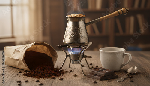 Traditional brewing of Turkish coffee in a copper cezve over an open flame.