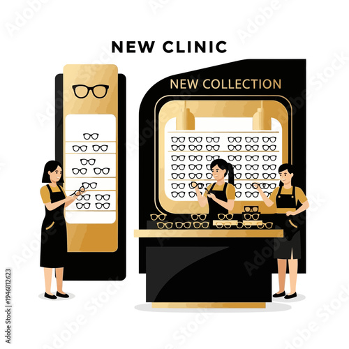 Modern Optical Clinic Displaying New Spectacle Collection with Helpful Opticians for Customers