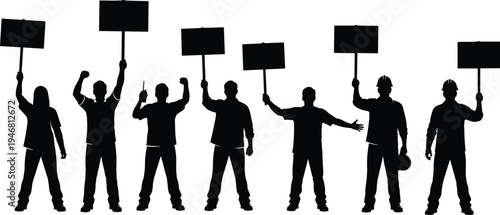 protesting worker silhouettes holding blank protest signs and placards, demonstration crowd with raised fists, labor rights rally concept, activism people vector illustration