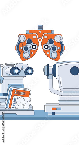 Modern Optical Equipment Illustration Depicting Eye Examination and Vision Testing Processes