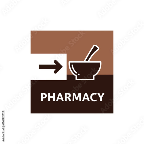 Modern Pharmacy Logo Depicting Mortar and Pestle with Directional Arrow Symbolism