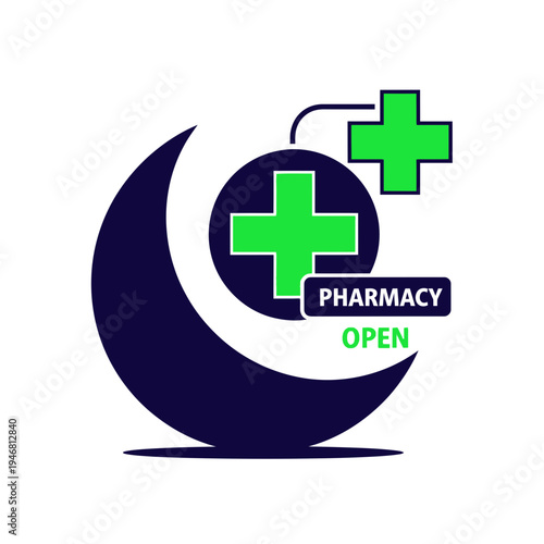 Modern Pharmacy Logo Design Featuring Crescent Moon, Medical Cross, And Open Sign For Branding