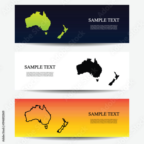 Australia and New Zealand Banner or Header Set with Color Variations . Modern Geographic Vector Designs for Travel, Education, Presentation and Creative Digital Media.