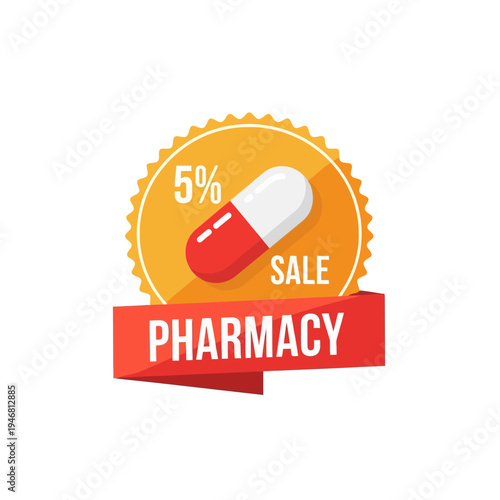 Modern Pharmacy Sale Emblem Featuring Capsule, Percentage, and Attractive Banner Design