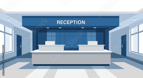 Modern Reception Area With A Blue And White Theme, Vector Illustration Of The Interior