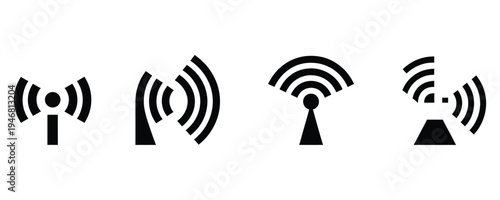 Four black wireless network antenna icons on white background for technology and communication concepts