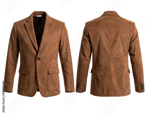Brown faux suede two-button blazer, front and back view