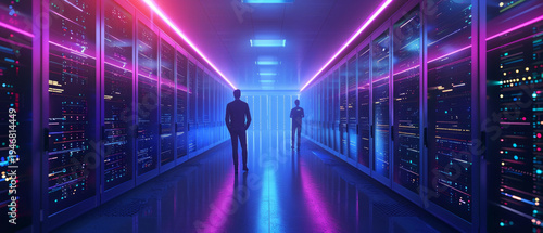 Two people are walking through a futuristic data centre bathed in bright neon lights, highlighting technological progress – making it the perfect backdrop 