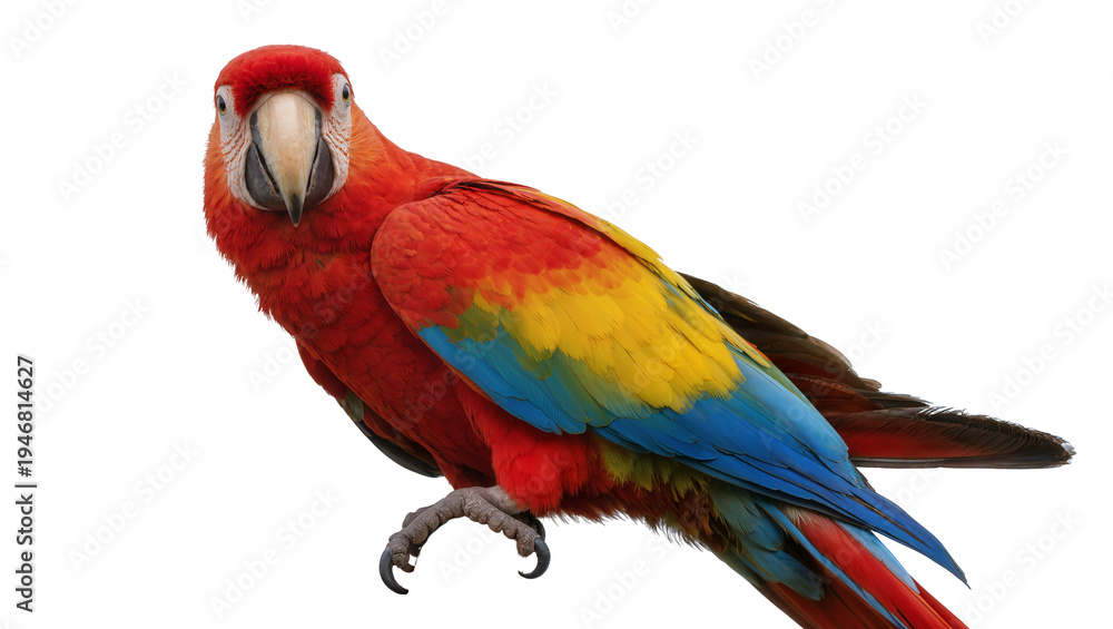 Obraz premium Isolated vibrant scarlet macaw with colorful feathers and intelligent eyes looking forward