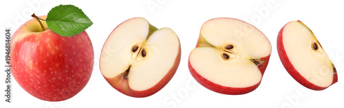 Foto Pink Lady Apple with leaves (pink apple), half and slices isolated, transparent