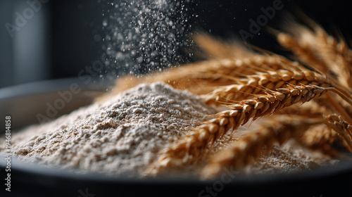 Close up of wheat flour with falling powder and wheat ears representing baking ingredients, agriculture, organic food and natural grain concept.