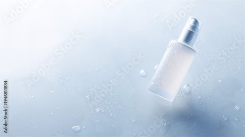 淡いブルーの背景に浮かぶスキンケアボトルのクローズアップ・コスメ素材