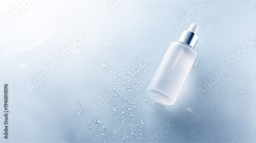 水滴がついた透明な化粧水ボトル・美容液とスキンケアのクリーンなイメージ