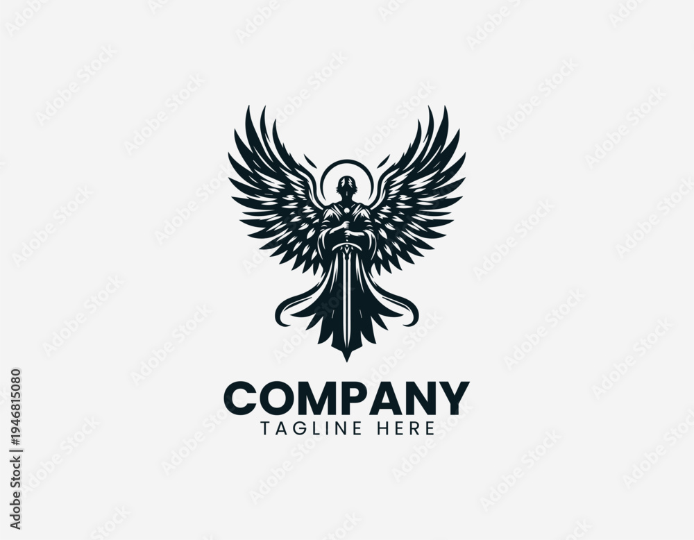 Fototapeta premium Winged warrior angel holding sword in clean modern fantasy guardian vector illustration style