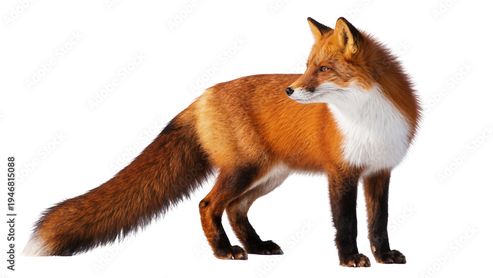 Naklejka premium Isolated red fox with bushy tail and elegant stance looking sideways, wild mammal portrait