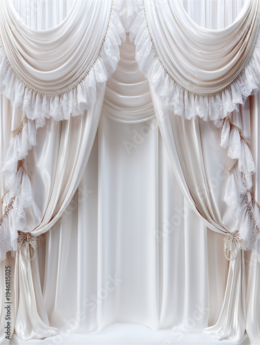 上品な光沢を放つ白いドレープカーテンとフリル装飾・高級感のある舞台背景
