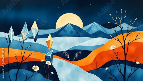 Abstract moonlit landscape with mountains and glowing crystals. Modern colorful illustration with flowing hills and minimal nature elements.