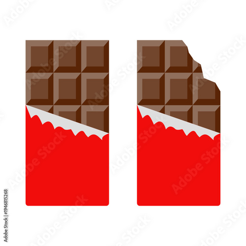 Chocolate bar icon, Bitten chocolate bar, Chocolate bar in opened red wrap and foil, isolated on white background. Flat vector illustration
