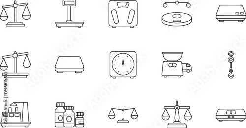 Black and white line icons collection featuring diverse weighing scales, balance instruments, digital platform scales, kitchen scales, bathroom scales, industrial 