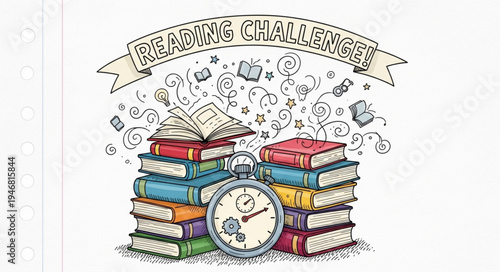 Reading Challenge Illustration with Stacked Books and Stopwatch.