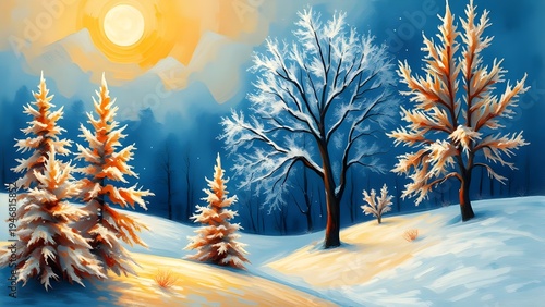 Colorful winter landscape with snowy trees and glowing sun. Artistic seasonal illustration with warm light and cold blue tones.