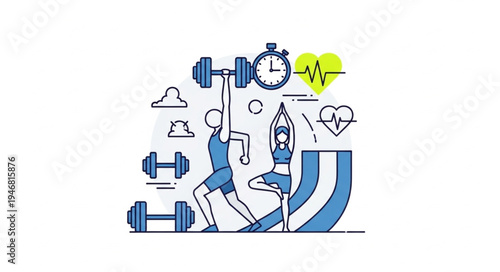 Man lifting weights and woman doing yoga illustration.