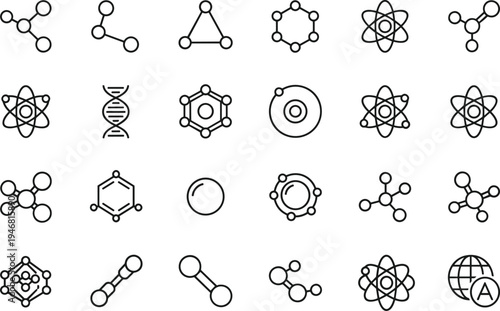 Black and white science icons collection featuring atoms, molecules, DNA strands, chemical bonds, orbital models, benzene rings, and global academic research symbols for education and design