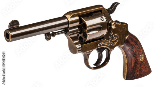Konstfotografi Isolated antique brass revolver with ornate engravings and classic wooden handle
