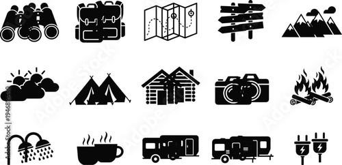 Camping and outdoor activity icons set featuring tents, camper van, campfire, mountain range, backpacks, map, cabin, mugs, shower, and travel trailer for adventure design