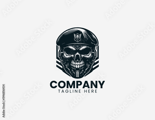 Military skull wearing beret black vector logo illustration isolated on white background