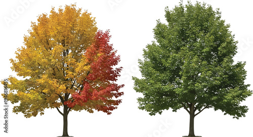 Two isolated deciduous trees stand side by side one showing vibrant autumn color transition and the other featuring deep summer foliage
